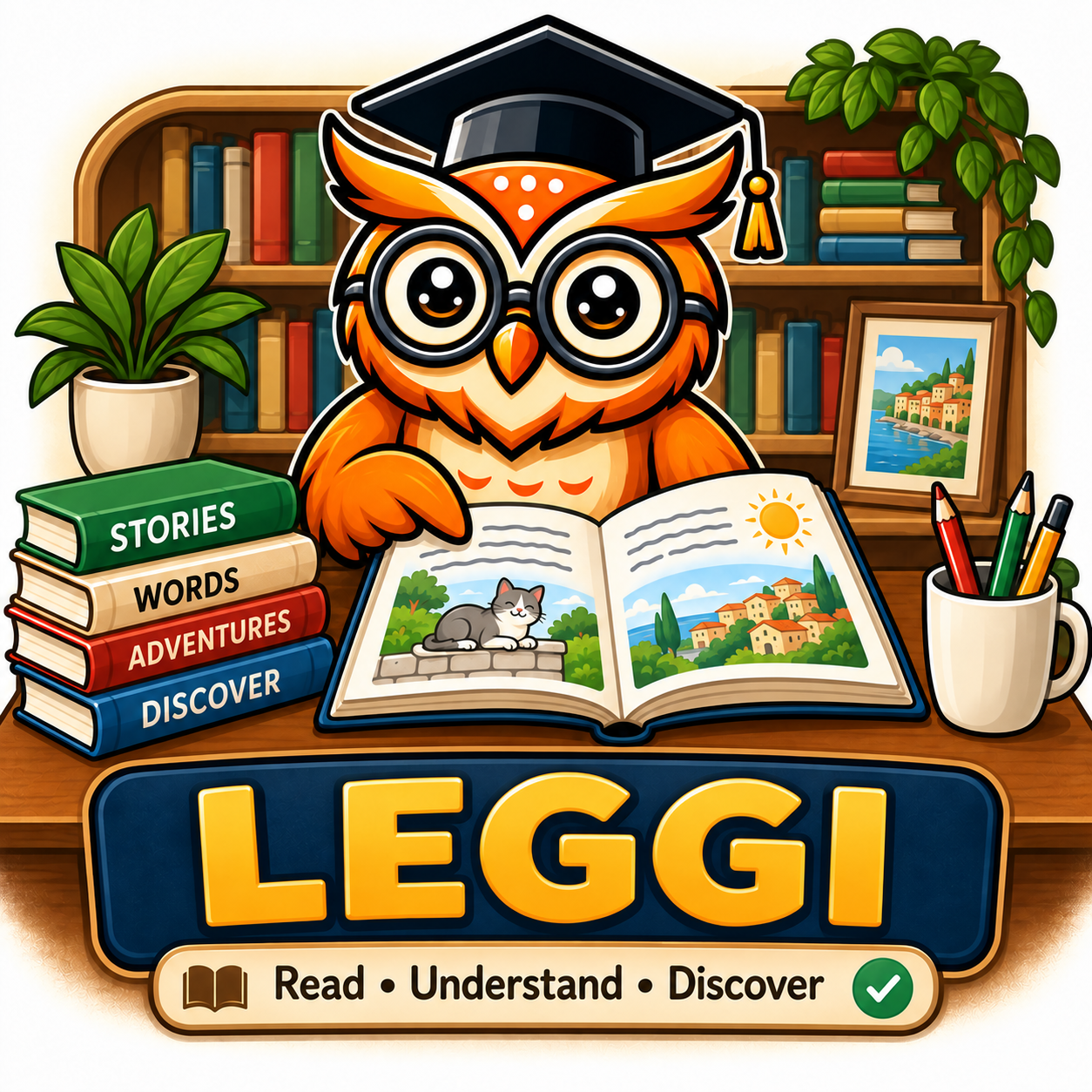 Professor Owl reading a storybook with Leggi
